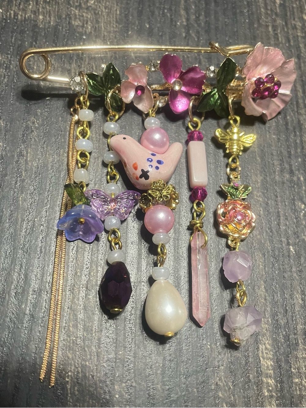 Hand Crafted Pink and Purple Floral Charm Brooch - Picture 6 of 6